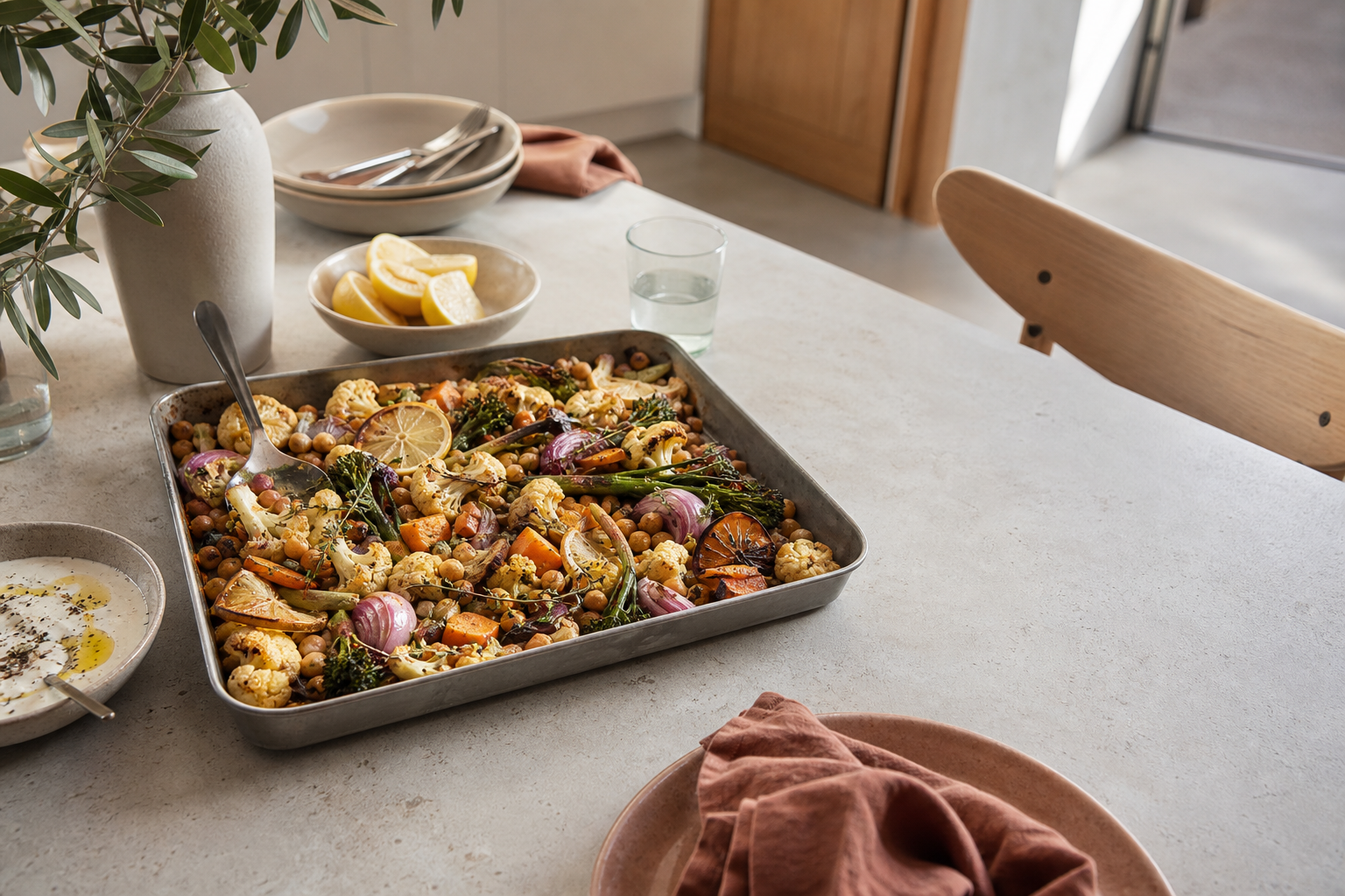 Tafel met een bakplaat geroosterde groenten, kikkererwten, citroen en saus